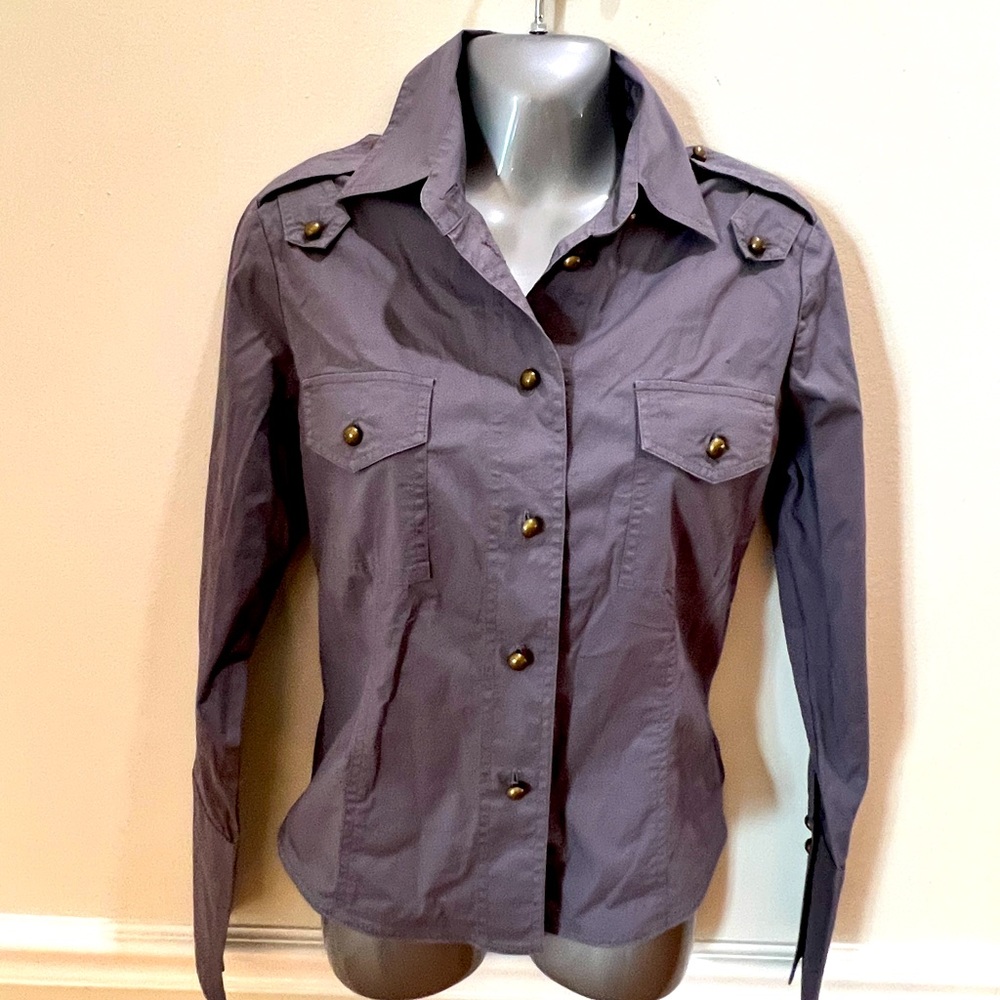 Moda International Brass Button Fitted Blouse in Steely Lavender